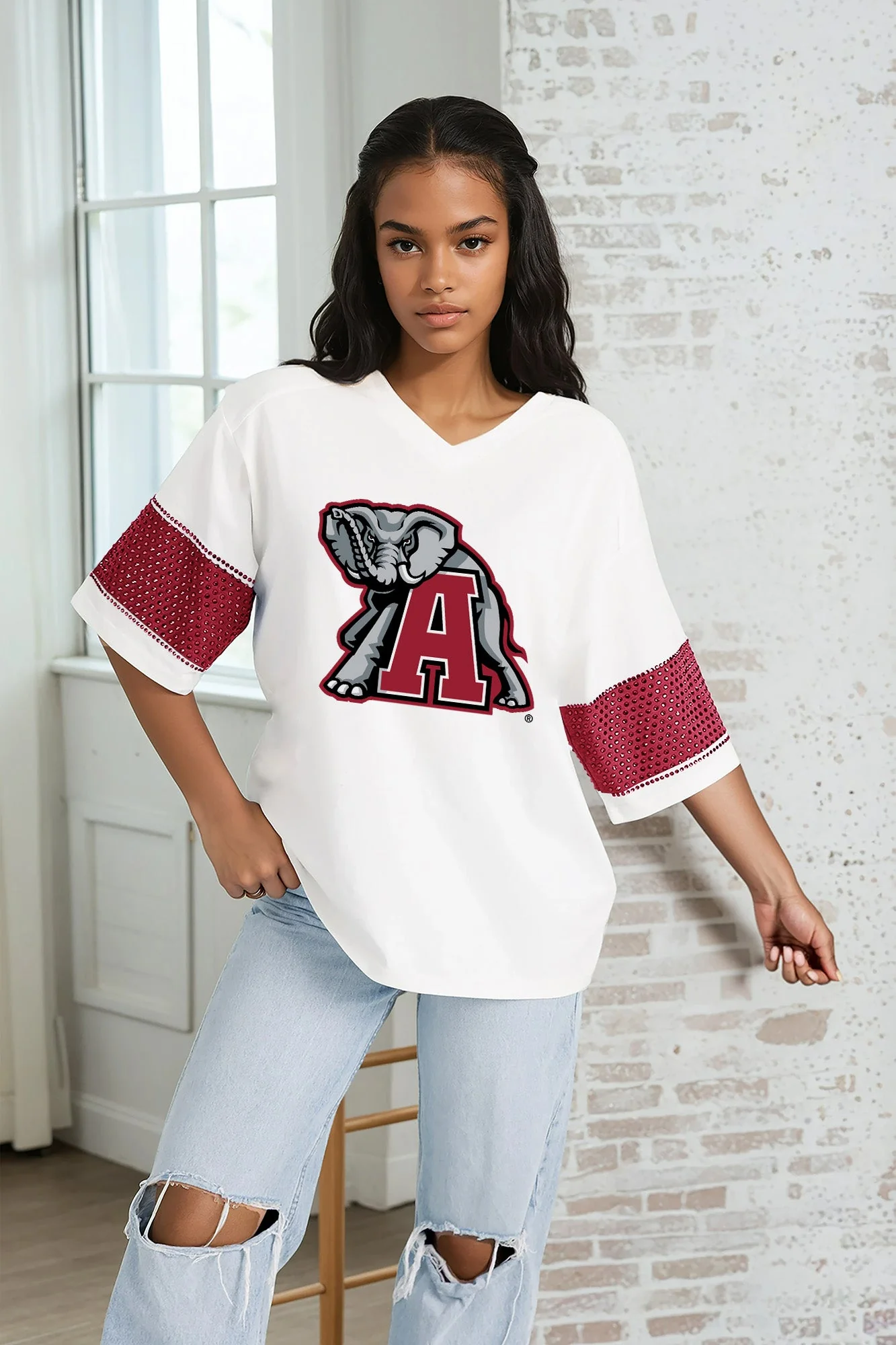 ALABAMA CRIMSON TIDE DOMINANCE RHINESTONE STRIPE VARSITY TEE - Image 3