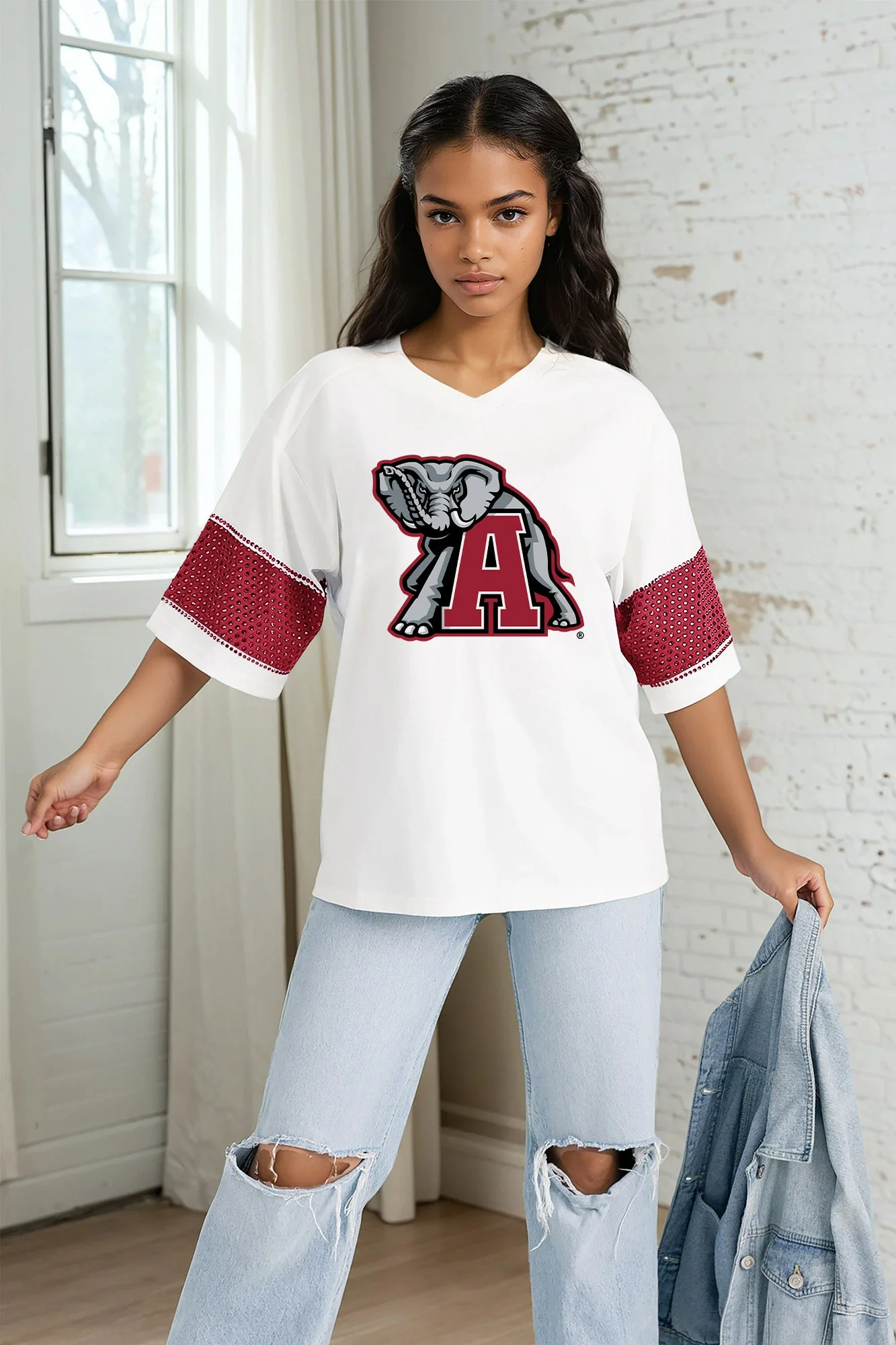 ALABAMA CRIMSON TIDE DOMINANCE RHINESTONE STRIPE VARSITY TEE - Image 4