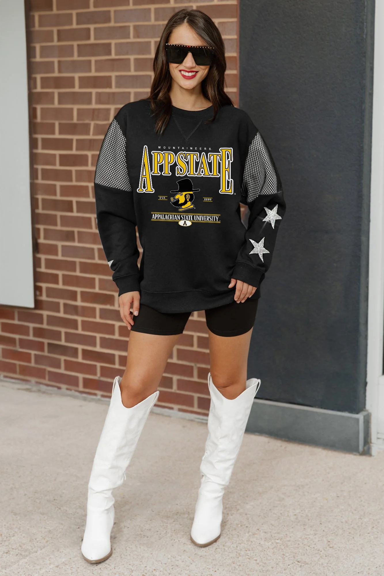 APPALACHIAN STATE MOUNTAINEERS SHINING SPIRIT CREWNECK FLEECE WITH JERSEY MESH CONTRAST SHOULDER SWEATSHIRT - Image 3
