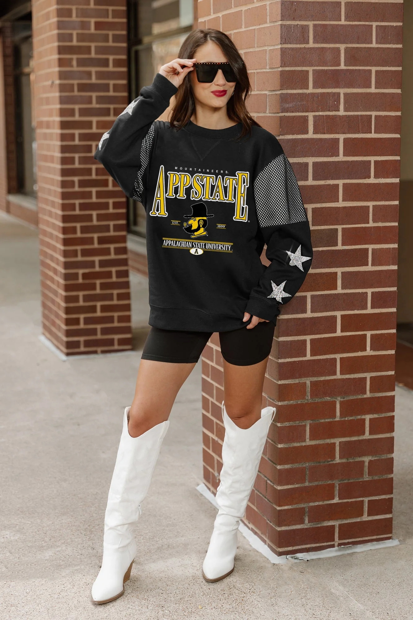 APPALACHIAN STATE MOUNTAINEERS SHINING SPIRIT CREWNECK FLEECE WITH JERSEY MESH CONTRAST SHOULDER SWEATSHIRT - Image 4