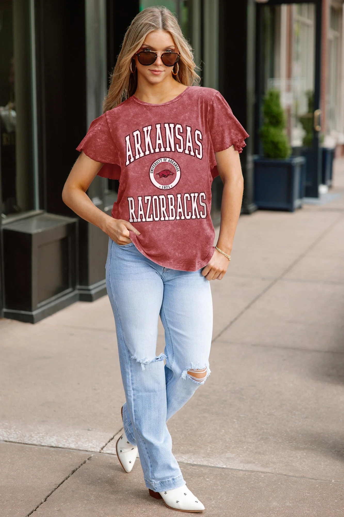 ARKANSAS RAZORBACKS VICTORY MODE FLUTTER SLEEVE TEE IN CRIMSON - Image 3