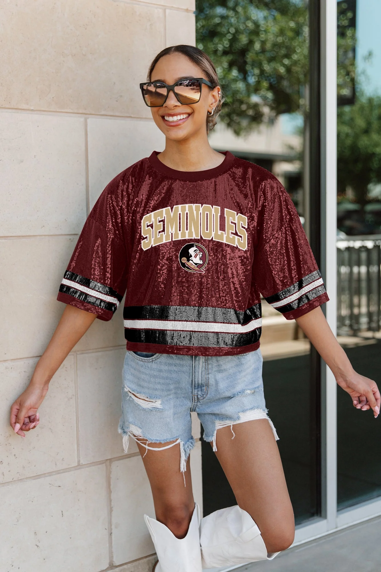 FLORIDA STATE SEMINOLES Own The Game Sequined Cropped Jersey - Image 3