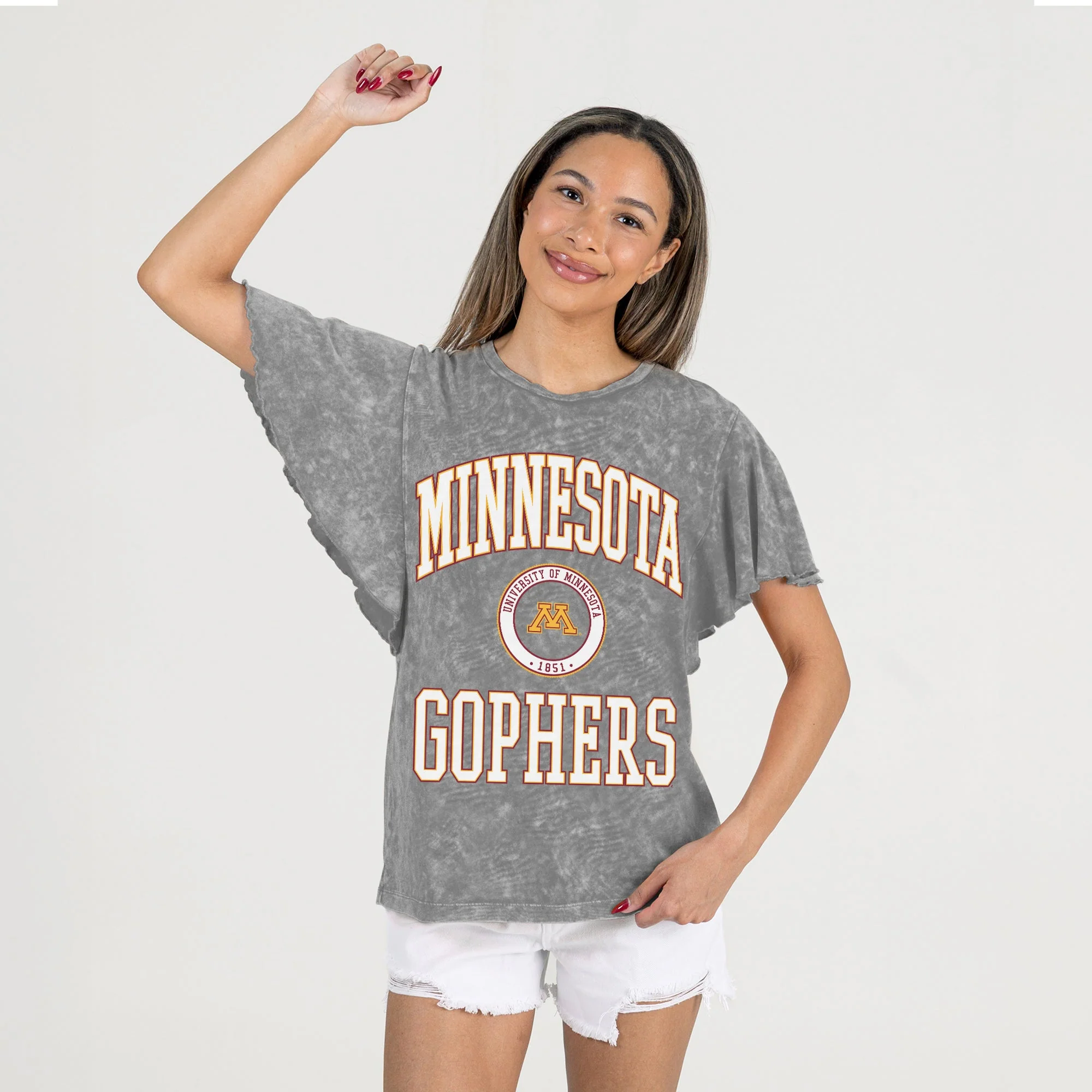 MINNESOTA GOLDEN GOPHERS VICTORY MODE FLUTTER SLEEVE TEE IN GREY - Image 4