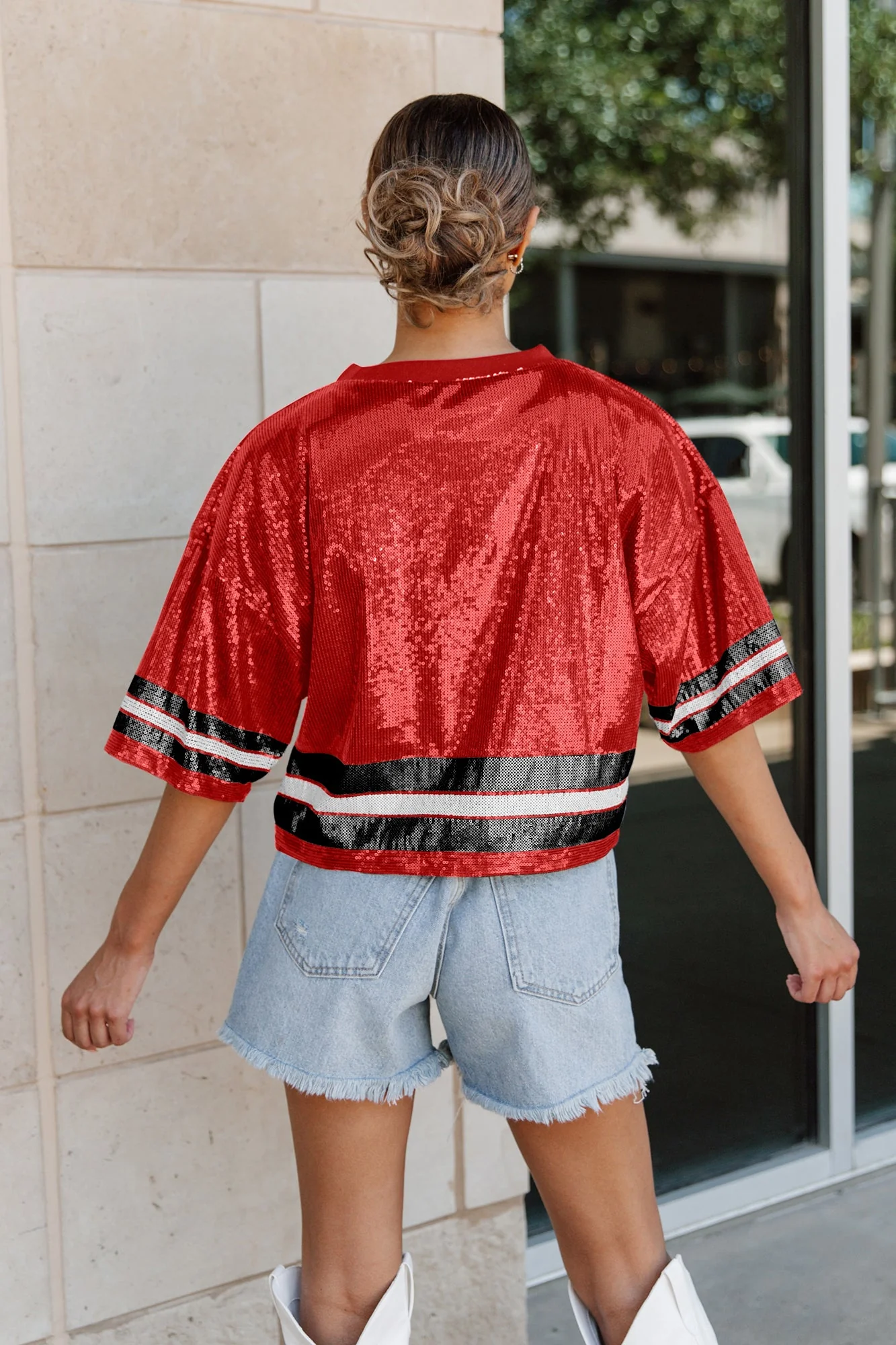 NEBRASKA CORNHUSKERS Own The Game Sequined Cropped Jersey - Image 3