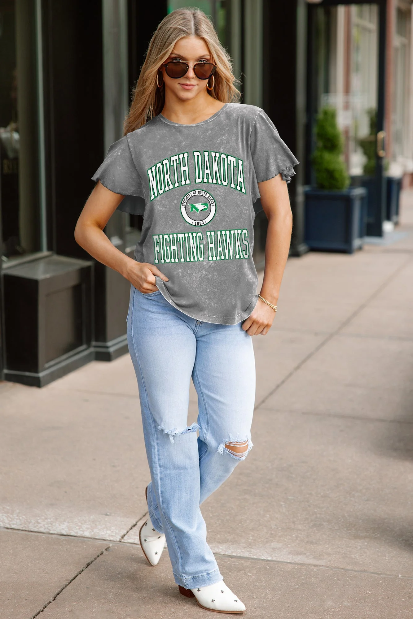 NORTH DAKOTA FIGHTING HAWKS VICTORY MODE FLUTTER SLEEVE TEE IN GREY - Image 3
