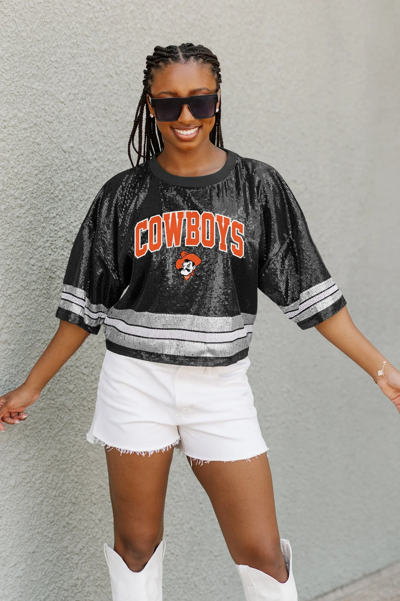 OKLAHOMA STATE COWBOYS Own The Game Sequined Cropped Jersey - Image 4
