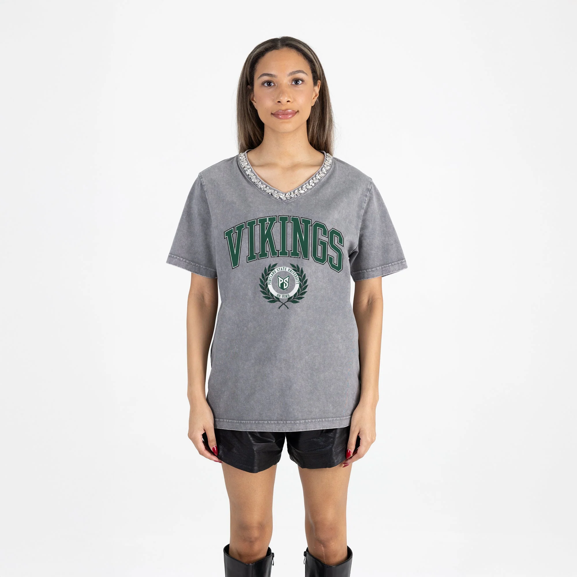 PORTLAND STATE VIKINGS ICONIC EDGE RHINESTONE TRIM V-NECK TEE - Image 5