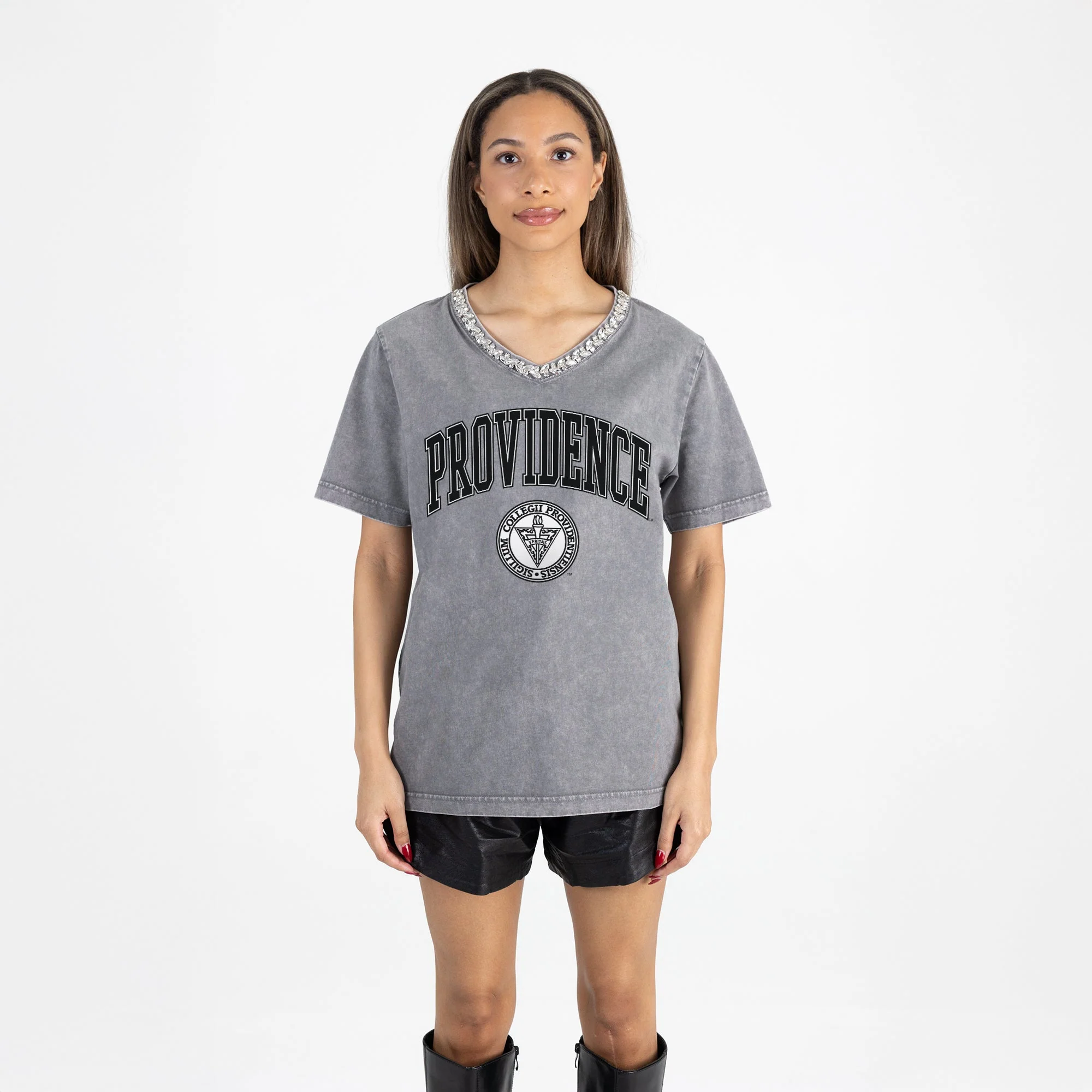 PROVIDENCE FRIARS ICONIC EDGE RHINESTONE TRIM V-NECK TEE - Image 5