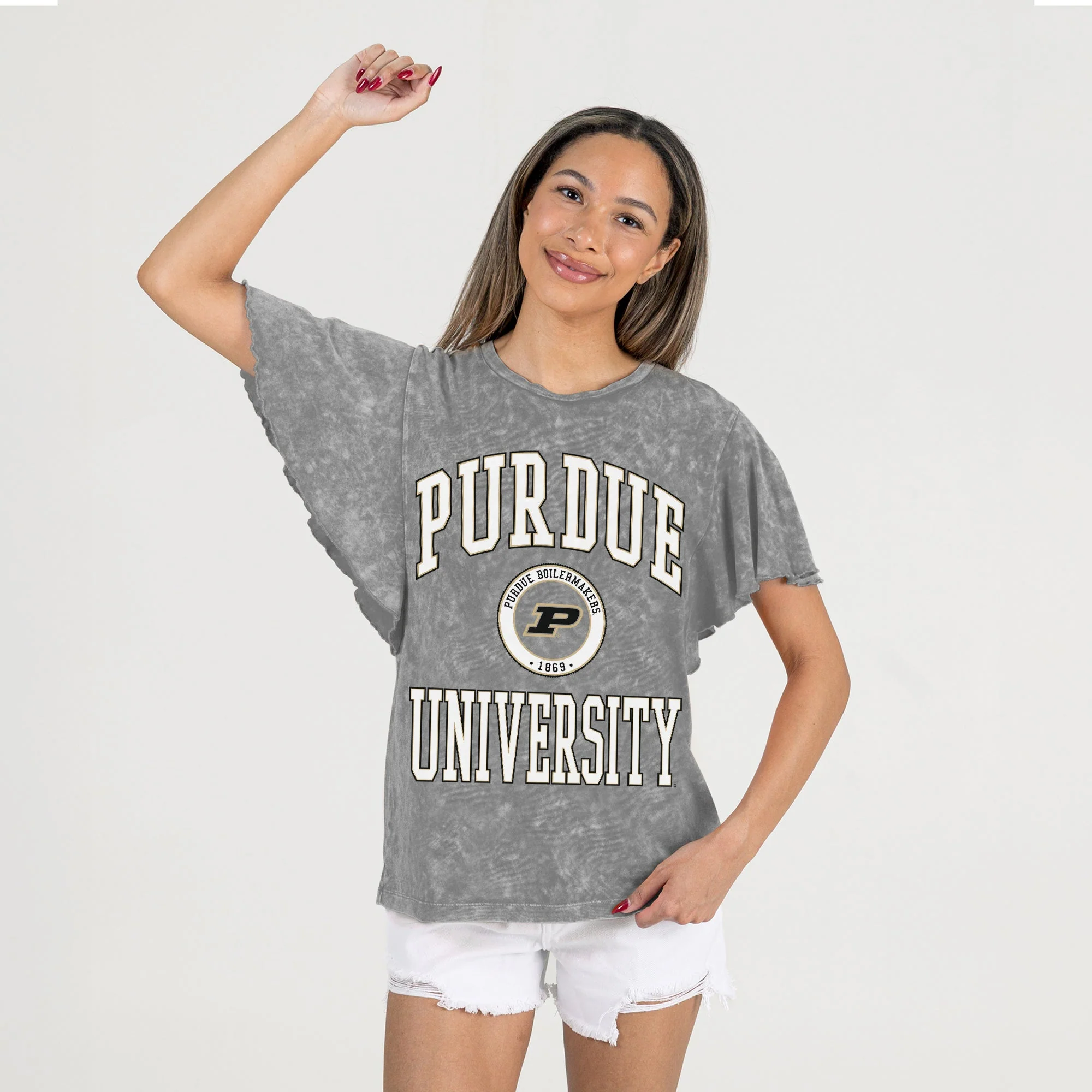PURDUE BOILERMAKERS VICTORY MODE FLUTTER SLEEVE TEE IN GREY - Image 4