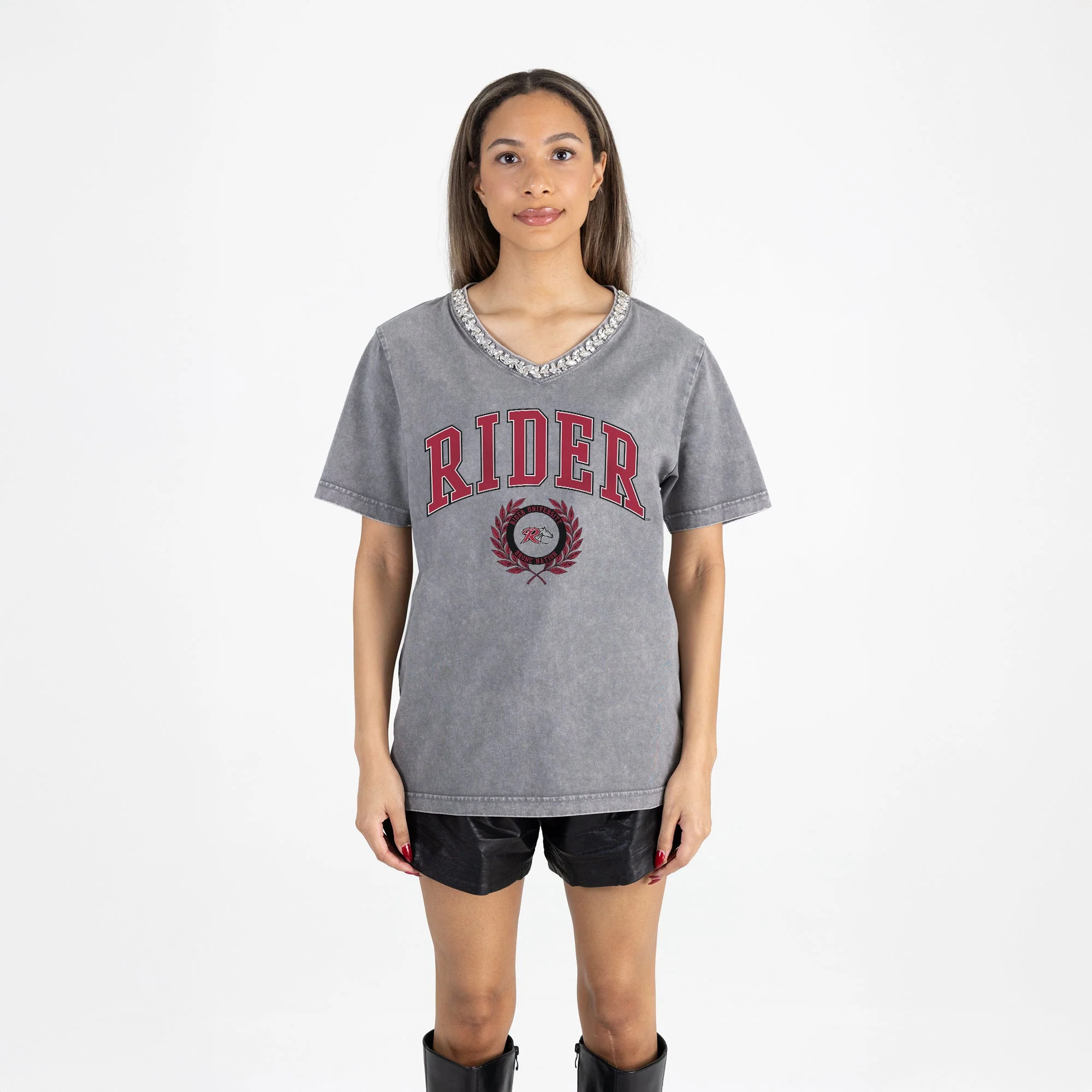 RIDER BRONCS ICONIC EDGE RHINESTONE TRIM V-NECK TEE - Image 5