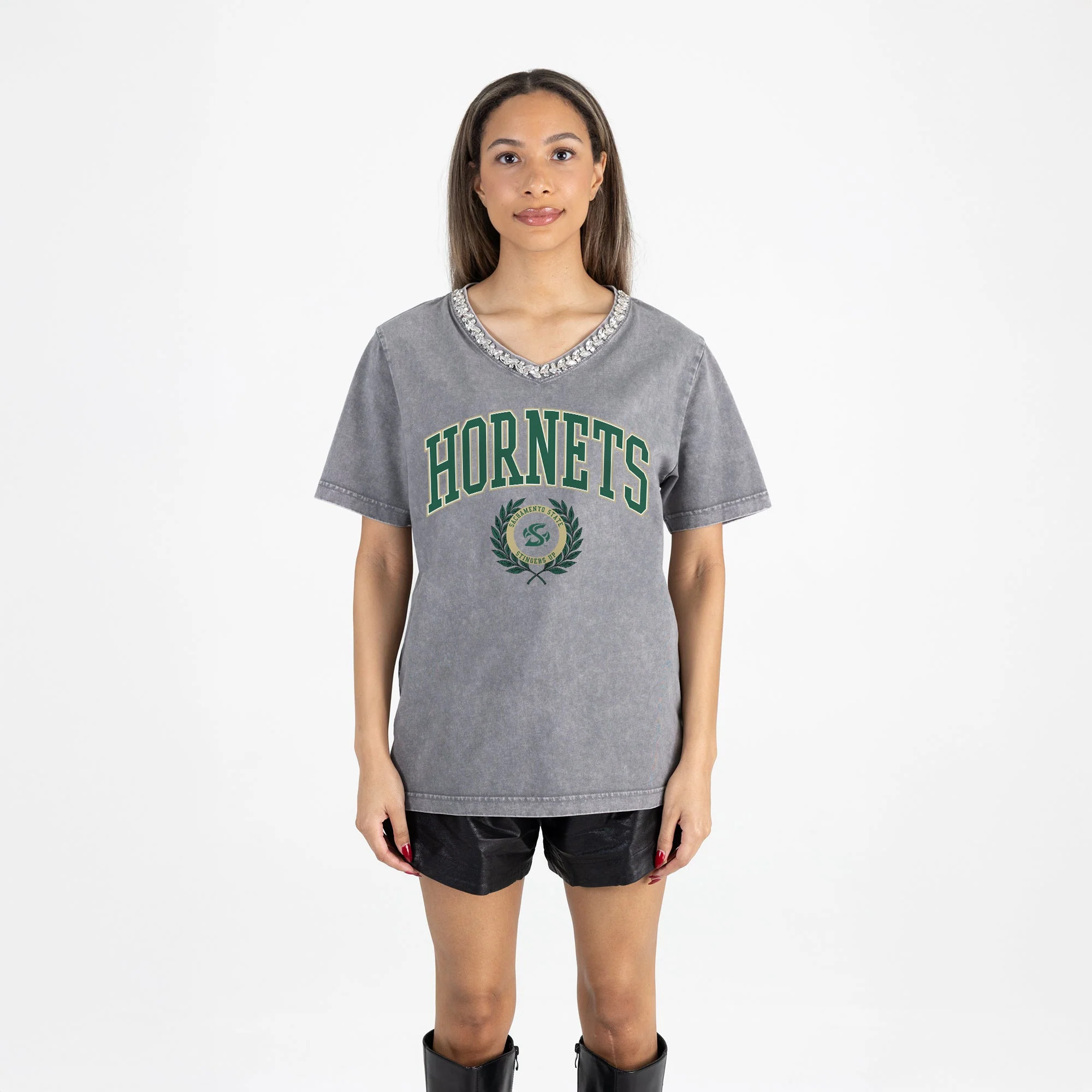SACRAMENTO STATE HORNETS ICONIC EDGE RHINESTONE TRIM V-NECK TEE - Image 5