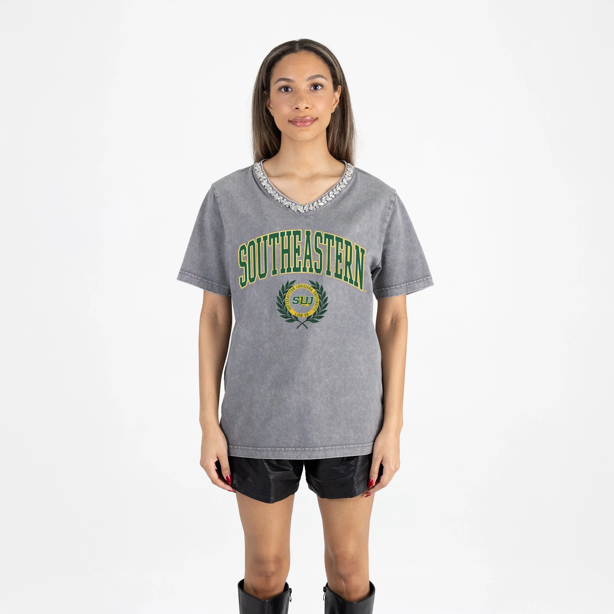 SOUTHEASTERN LOUISIANA LIONS ICONIC EDGE RHINESTONE TRIM V-NECK TEE - Image 5