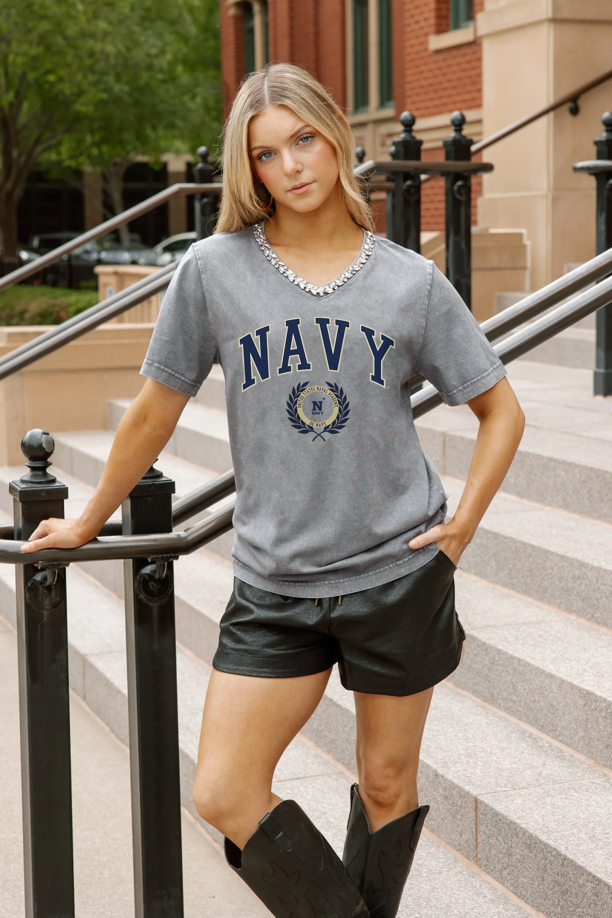US NAVY MIDSHIPMEN ICONIC EDGE RHINESTONE TRIM V-NECK TEE - Image 3