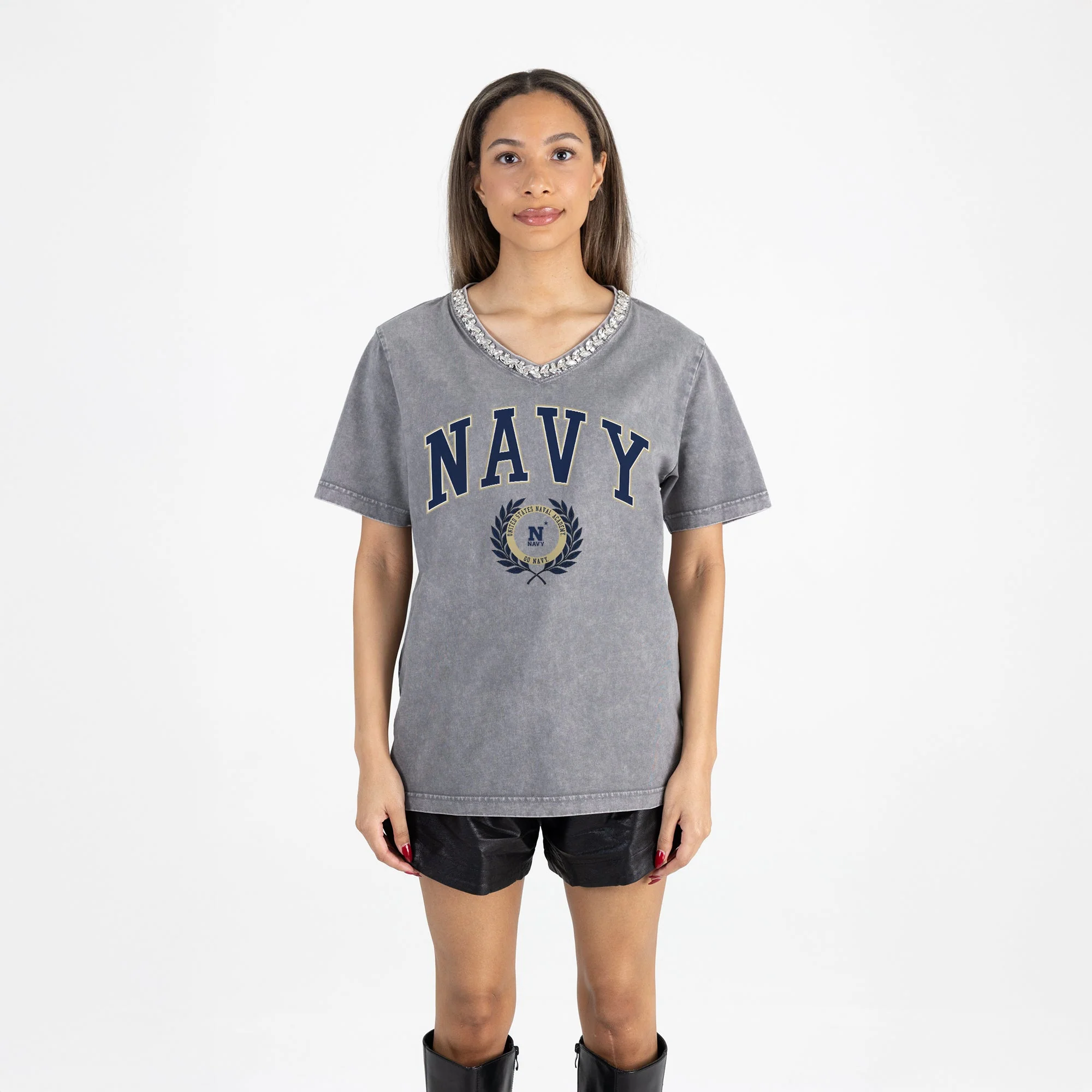 US NAVY MIDSHIPMEN ICONIC EDGE RHINESTONE TRIM V-NECK TEE - Image 5