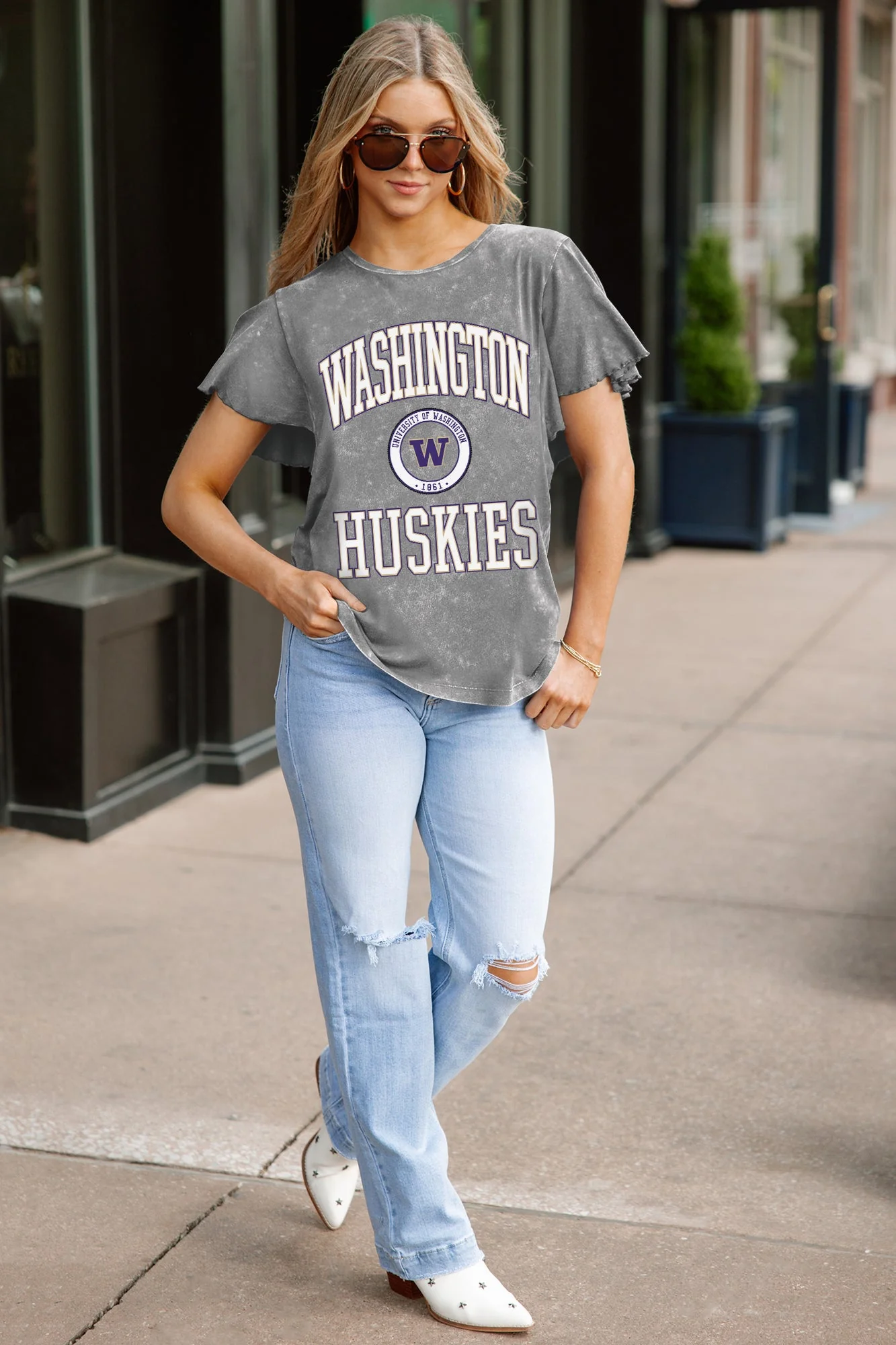WASHINGTON HUSKIES VICTORY MODE FLUTTER SLEEVE TEE IN GREY - Image 3
