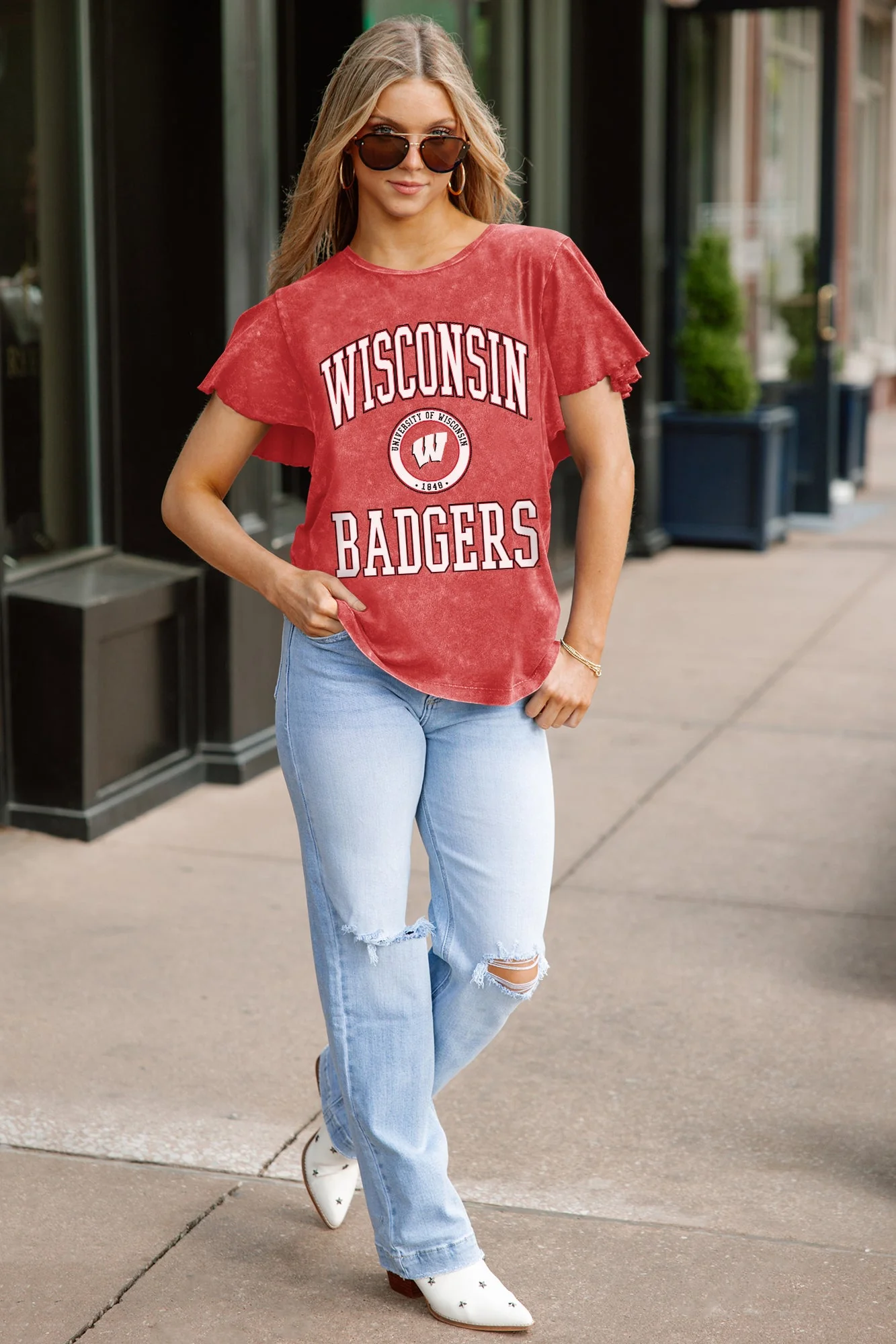 WISCONSIN BADGERS VICTORY MODE FLUTTER SLEEVE TEE IN RED - Image 3