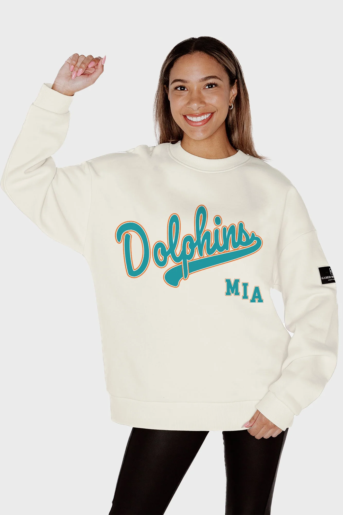 MIAMI DOLPHINS CLUTCH MOVE BLACK LABEL PREMIUM FLEECE CREW SWEATSHIRT BY RANDI MAHOMES - Image 3