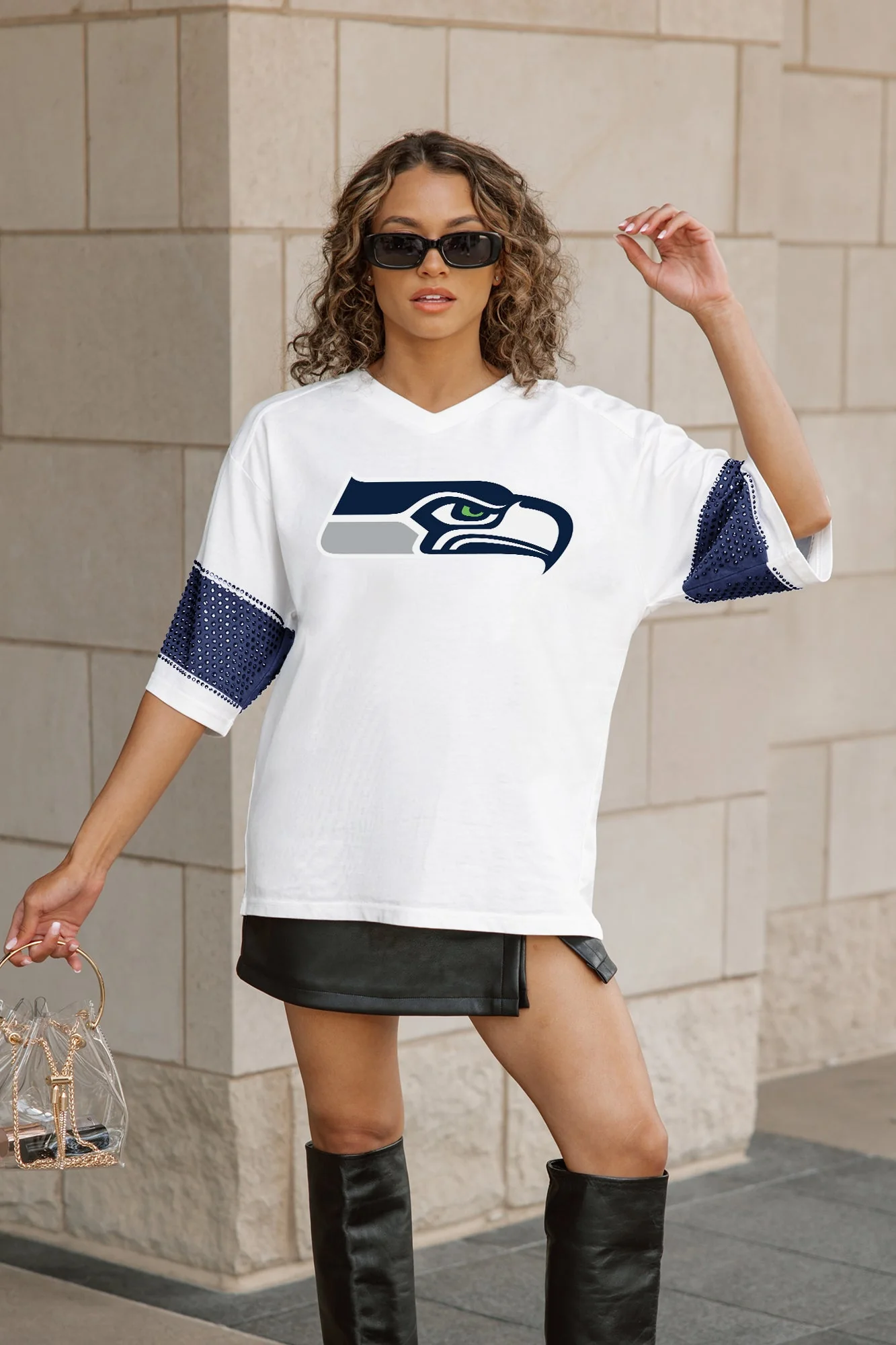 SEATTLE SEAHAWKS DOMINANCE RHINESTONE STRIPE VARSITY TEE - Image 4