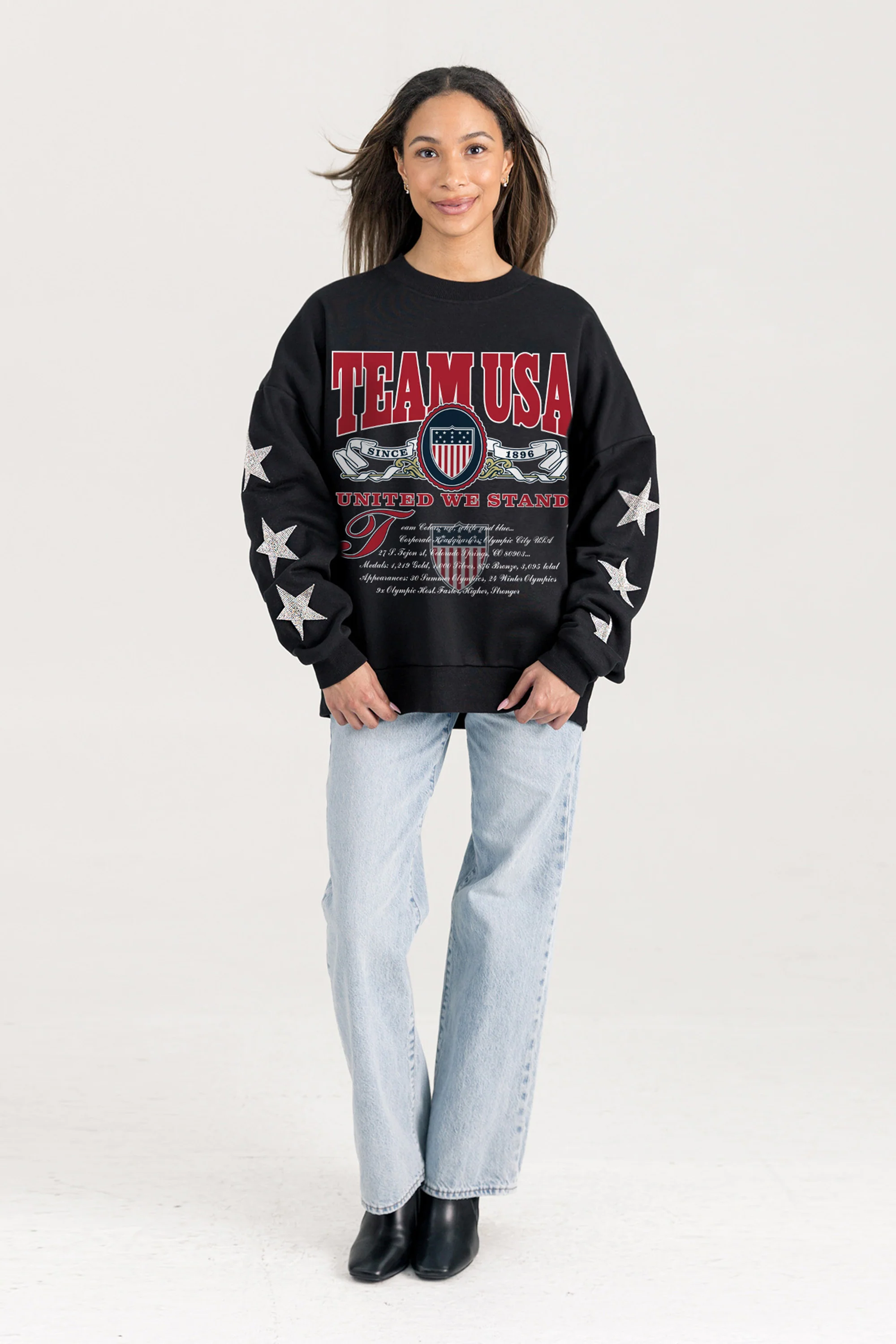 TEAM USA UNITED WE STAND RHINESTUD STAR SLEEVE CREWNECK PULLOVER - Image 3